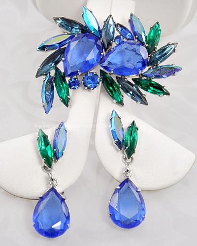 Brilliant Vintage Blue and Green Rhinestone Brooch and Earring Set
