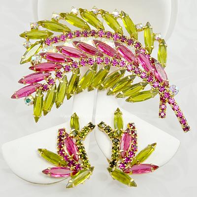 Flamboyant Vintage Olive and Pink Navette Rhinestone Set from DELIZZA & ELSTER