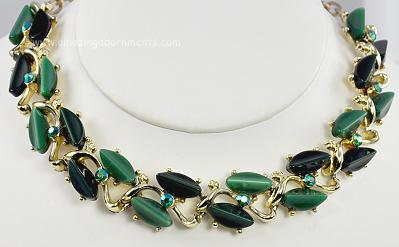 Vintage ca. 1950s Shades of Green Thermoplastic and Aurora Borealis Rhinestone Necklace