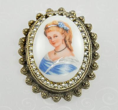 Exquisite Signed LIMOGES MADE in FRANCE Porcelain Portrait Brooch with Faux Pearls