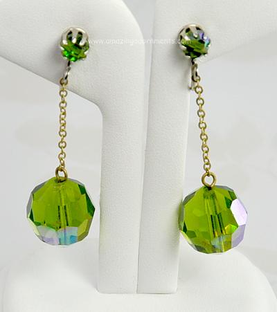 Playful Vintage Olivine Aurora Borealis Crystal Drop Earrings