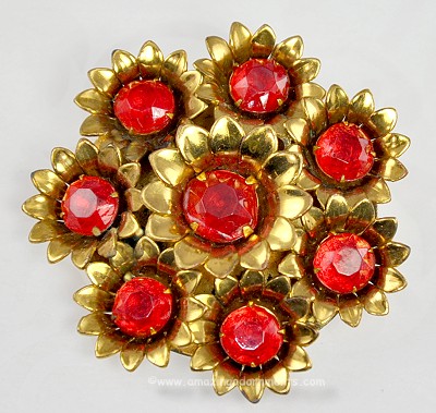 Outstanding Unsigned Vintage Red Rhinestone Flower Brooch