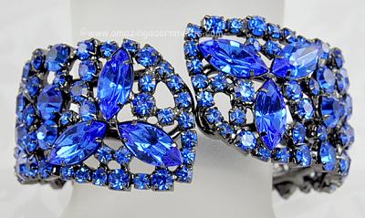 Fabulous Wide Blue Rhinestone Rigid Clamper Bracelet Signed RR