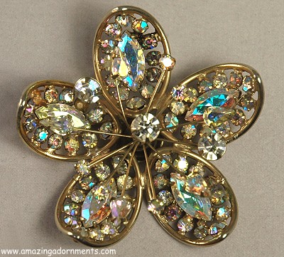 Sparkling Vintage Aurora Borealis Rhinestone Flower Brooch