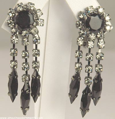 Swingy Black and Clear Rhinestone Dangle Earrings in Gun Metal