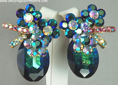 Outrageous Blue, Green and Pink Rhinestone Floral Earrings