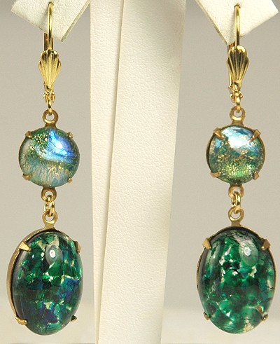 Green Confetti Lucite Lever Back Earrings for Pierced Ears