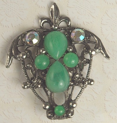 Striking Arts & Crafts Look Brooch with Green Cabochons and Aurora Borealis Rhinestones