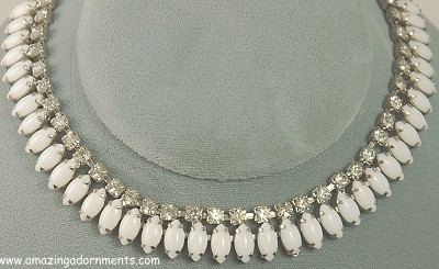 White Milk Glass Navette and Clear Rhinestone Collar Necklace