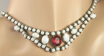 Divine Vintage Milk Glass and Pink Rhinestone Necklace