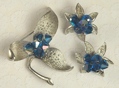 Vintage Signed PARCO Blue Crystal Floral Demi Parure