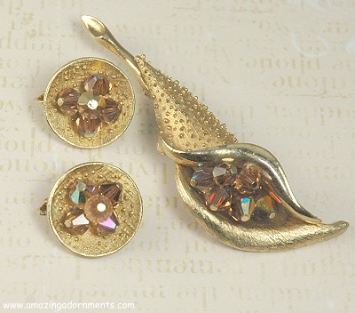 Lovely Vintage Crystal Lily Pin and Earring Set Signed PARCO