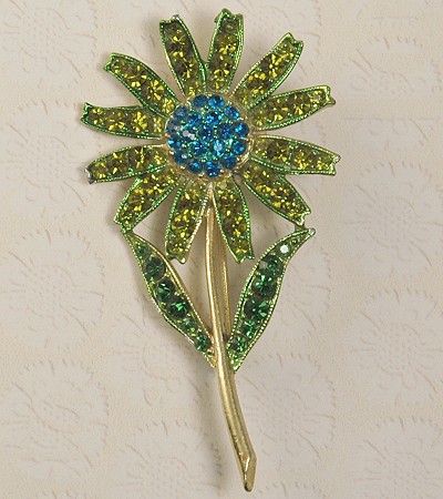 Picturesque Vintage Green and Blue Rhinestone Daisy Brooch