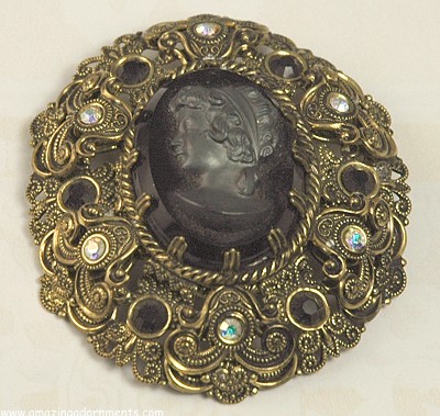 Ornate Gold- tone Black Cameo Brooch with Rhinestones Signed W. GERMANY