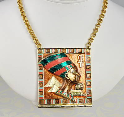 Massive Egyptian Motif Enamel Centerpiece Necklace Signed DORLAN