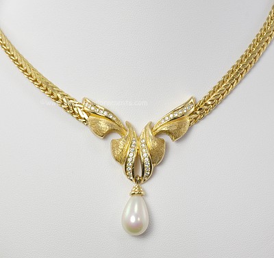 Refined Gold- tone Necklace with Faux Pearl Drop and Rhinestones Signed CHRISTIAN DIOR