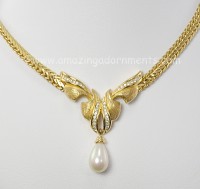 Refined Gold- tone Necklace with Faux Pearl Drop and Rhinestones Signed CHRISTIAN DIOR