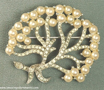 Vintage JOMAZ Rhinestone and Faux Pearl Tree of Life Brooch