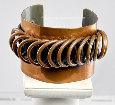 Wide Vintage Modernist Coiled Wire Copper Cuff Signed REBAJES ~ BOOK PIECE
