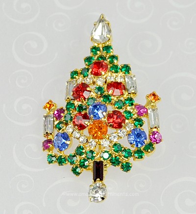 JOSEPH WARNER Multi- colored Rhinestone Candle Christmas Tree Pin ~ BOOK PIECE