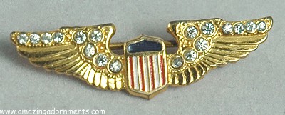 WWII Sterling by CORO USAF Winged Shield Pin with Rhinestones