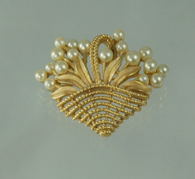 Very Desirable BOOK PIECE -Gold-Plated Basket of Pearls Brooch by TRIFARI