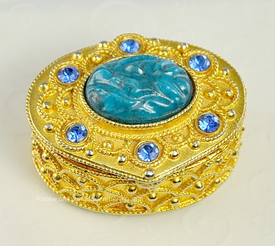 Decorative Signed FLORENZA Hinged Trinket Box with Blue Stones