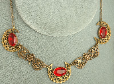 Delicate Signed Czech Red Glass and Filigree Necklace
