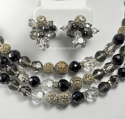 Radiant Signed DEMARIO Triple Strand Necklace and Earring Set