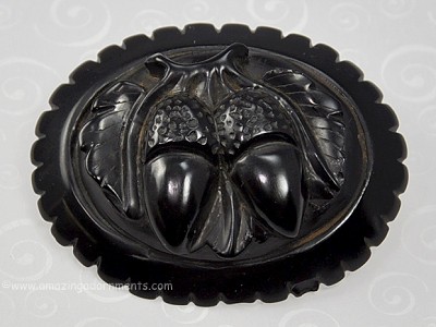 Victorian WHITBY JET Deeply Carved Acorns Mourning Brooch