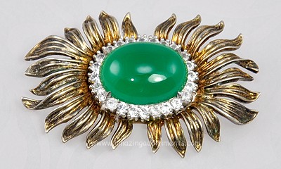 Super Scarce Vintage Sterling Rhinestone Brooch with Green Stone Signed DUJAY