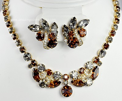 Glamorous Vintage Signed EISENBERG Smoke and Amber Rhinestone Demi- parure