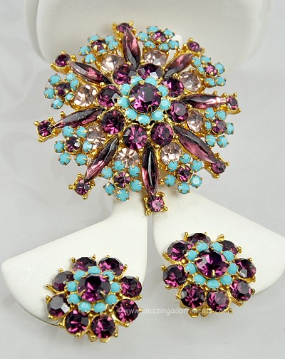 Inspired Vintage Amethyst Rhinestone and Turquoise Glass Brooch and Earring Set