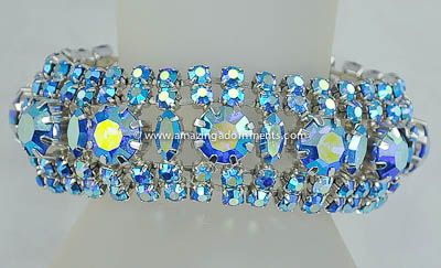 Dazzling Vintage Five Row Blue Aurora Borealis Rhinestone Bracelet