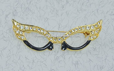 Sassy Unsigned Rhinestone and Enamel Cat Eye Glasses Pin