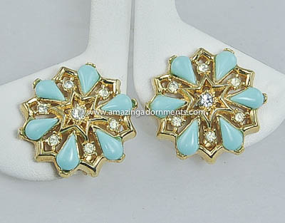 Vintage Signed CROWN TRIFARI Turquoise Pear and Clear Rhinestone Earrings