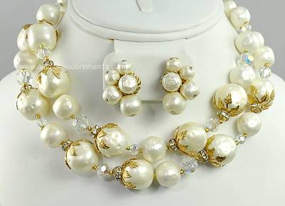 Lush Vintage Faux Pearl and Crystal Necklace and Earring Set Signed HATTIE CARNEGIE