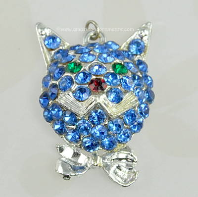 Cool Rhinestone Cat Head Figural Pendant with Snazzy Bow Tie