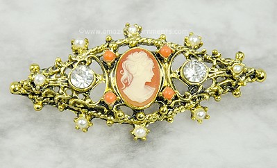 Showy Vintage Cameo Pin with Rhinestones and Faux Pearls