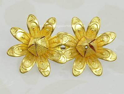 Extraordinary Unsigned Antique Brass Double Flower Brooch