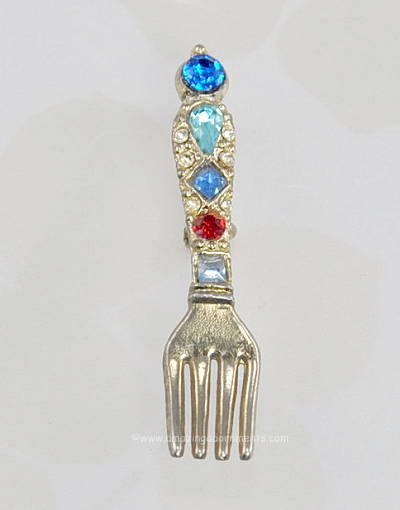 Vintage Shades of Blue Plus Ruby Red and Clear Rhinestone Fork Pin