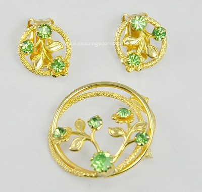 Dainty Vintage Green Rhinestone Flowers on Vines Pin and Earring Set