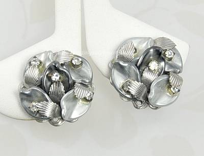 Unique Vintage Rhinestone and Leaves Earrings Signed LERU