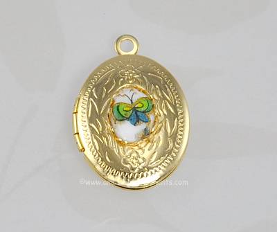 Small Vintage Locket Pendant with Painted Butterfly
