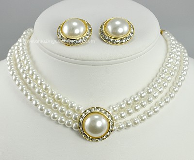 Chic Triple Strand Faux Pearl and Rhinestone Dog Collar Necklace and Earring Set