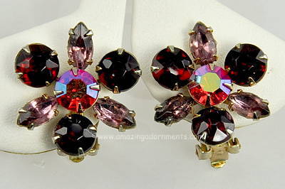 Cheery Vintage Red and Lavender Rhinestone Floral Earrings