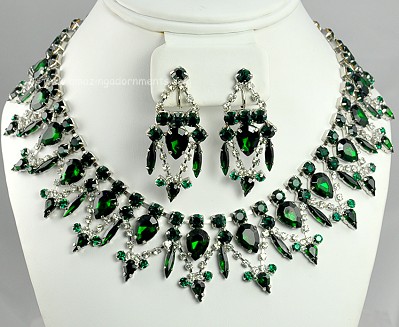 Show Girl Emerald and Clear Rhinestone Bib Necklace and Earring Set Signed RR for Robyn Rush