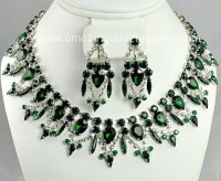 Show Girl Emerald and Clear Rhinestone Bib Necklace and Earring Set Signed RR for Robyn Rush