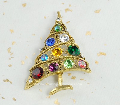 Vintage Signed WEISS Multi- colored Rhinestone Christmas Tree Pin ~ BOOK PIECE