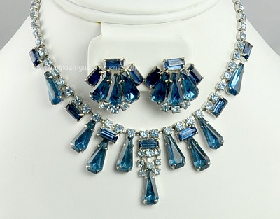 Glamorous Vintage Shades of Blue Rhinestone Necklace and Earrings Signed HOBE